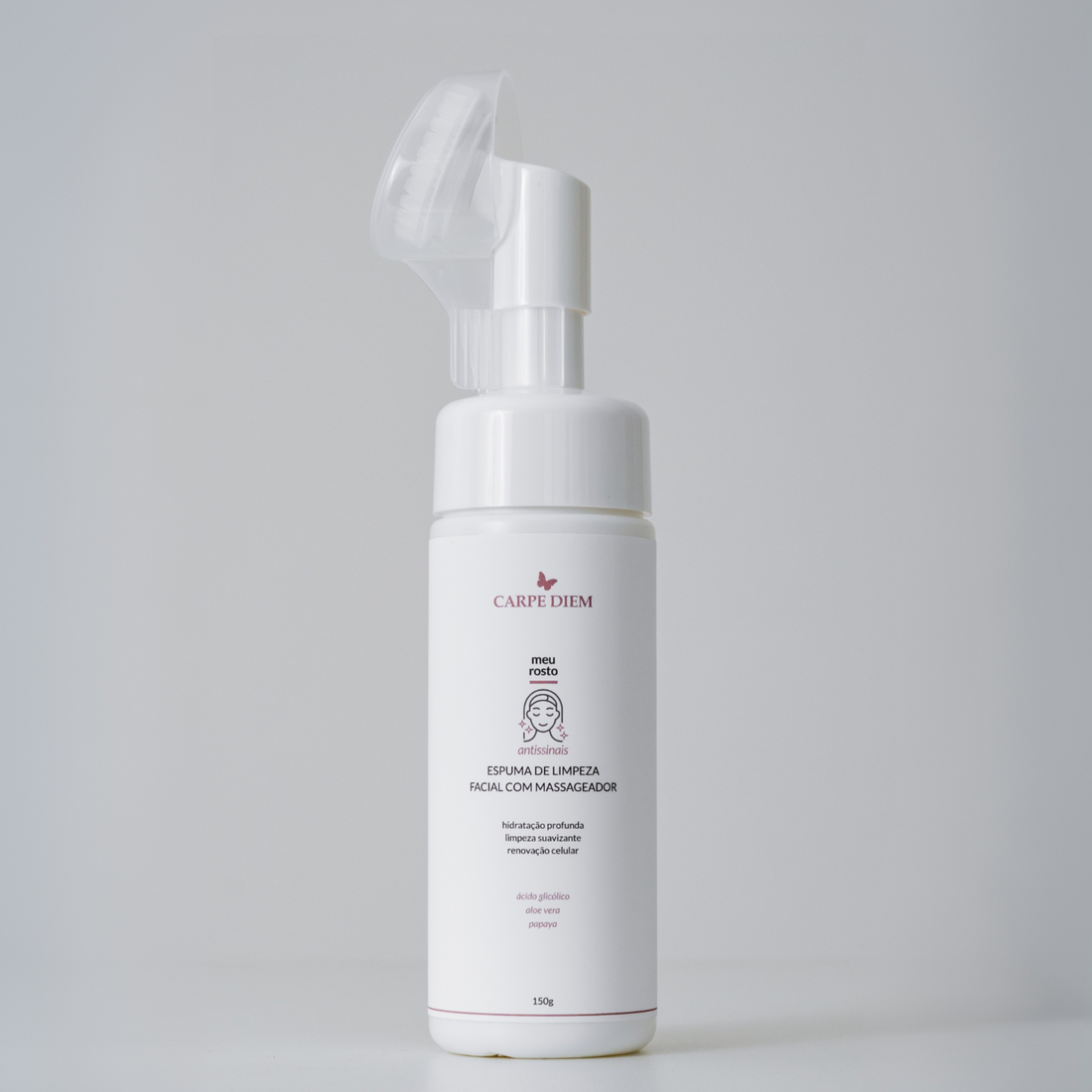 ESPUMA DE LIMPEZA FACIAL COM MASSAGEADOR 150g - Ácido Glicólico, Papaya e Aloe Vera - Limpeza com renovação da pele
