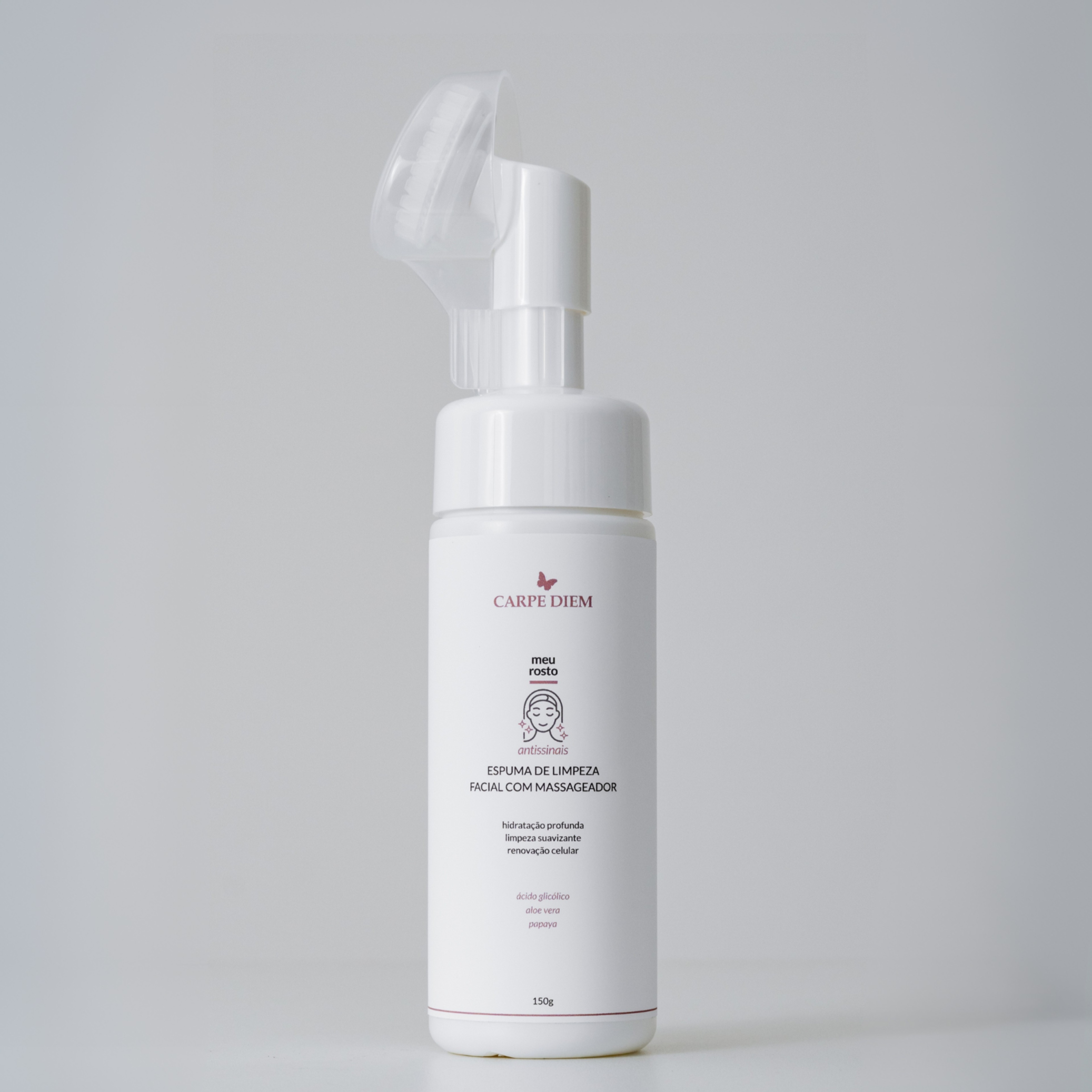 ESPUMA DE LIMPEZA FACIAL COM MASSAGEADOR 150g - Ácido Glicólico, Papaya e Aloe Vera - Limpeza com renovação da pele