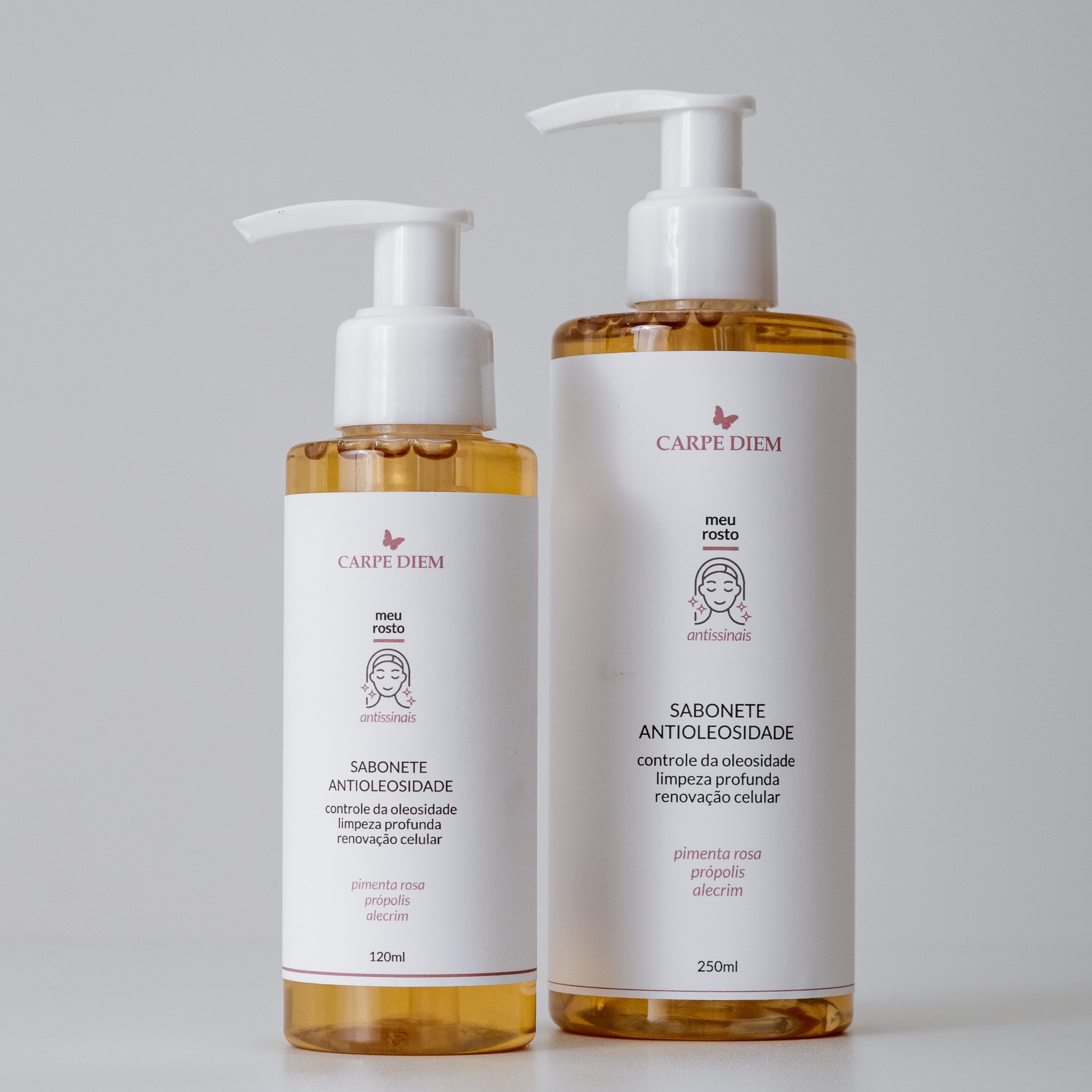 SABONETE ANTIOLEOSIDADE 250ml e 120ml - Pimenta Rosa, Alecrim e Própolis - Limpeza com controle da oleosidade