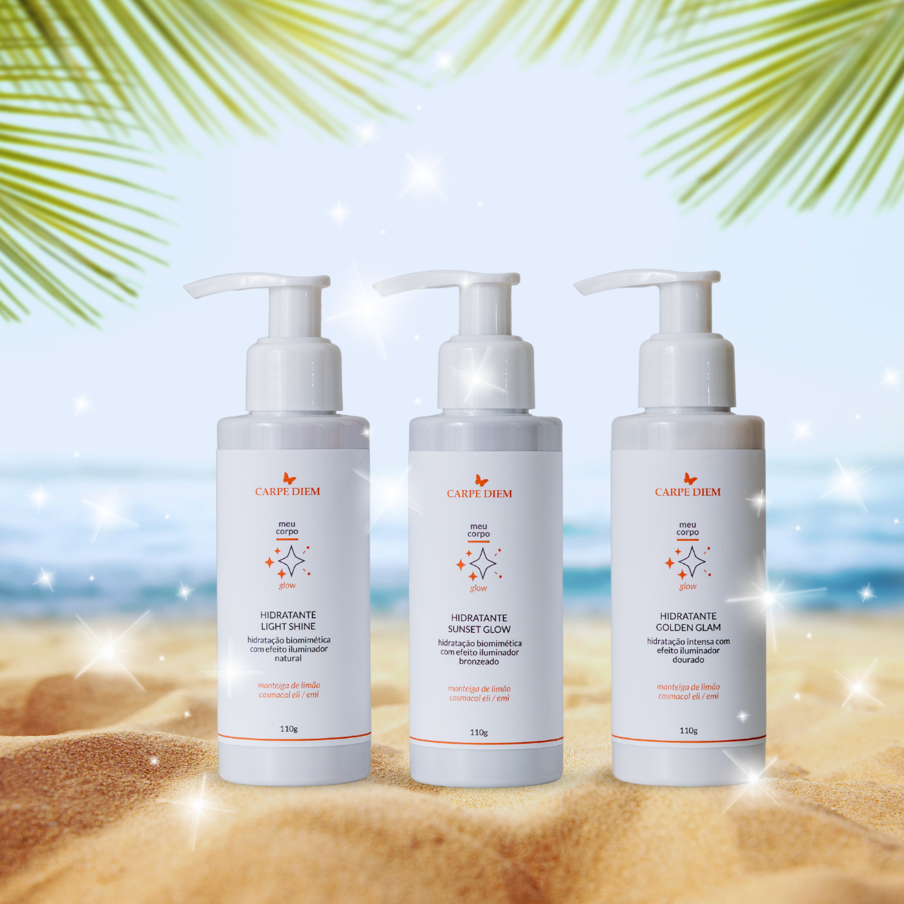 KIT MINI GLOW - Hidratante Golden Glam, Hidratante Sunset Glow e Hidratante Light Shine