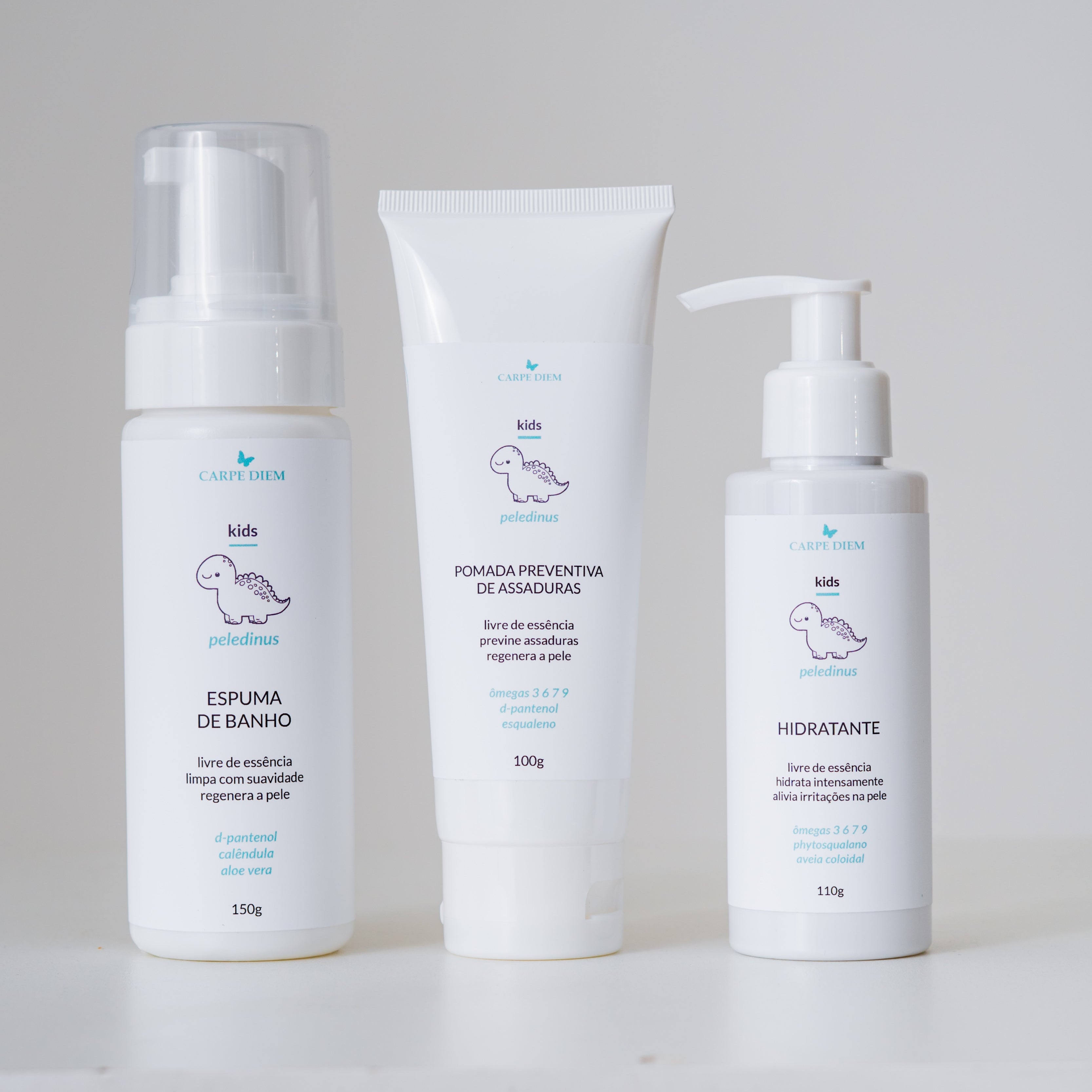 KIT PELEDINUS PURUS - Peledinus Espuma de Banho 150g, Peledinus Hidratante 110g e Peledinus Pomada Preventiva de Assaduras 100g