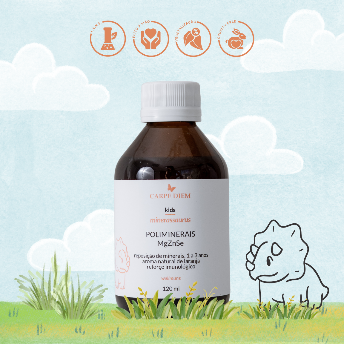 MINERASSAURUS POLIMINERAIS MgZnSe 120ml - Crianças de 1 a 3 anos - Desenvovimento saudável
