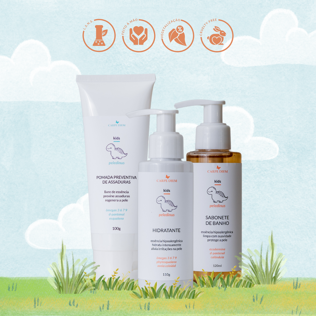 KIT PELEDINUS AROMATICUS - Peledinus Sabonete de Banho 120ml, Peledinus Hidratante 110g e Peledinus Pomada Preventiva de Assaduras 100g