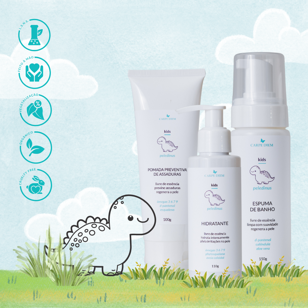 KIT PELEDINUS PURUS - Peledinus Espuma de Banho 150g, Peledinus Hidratante 110g e Peledinus Pomada Preventiva de Assaduras 100g