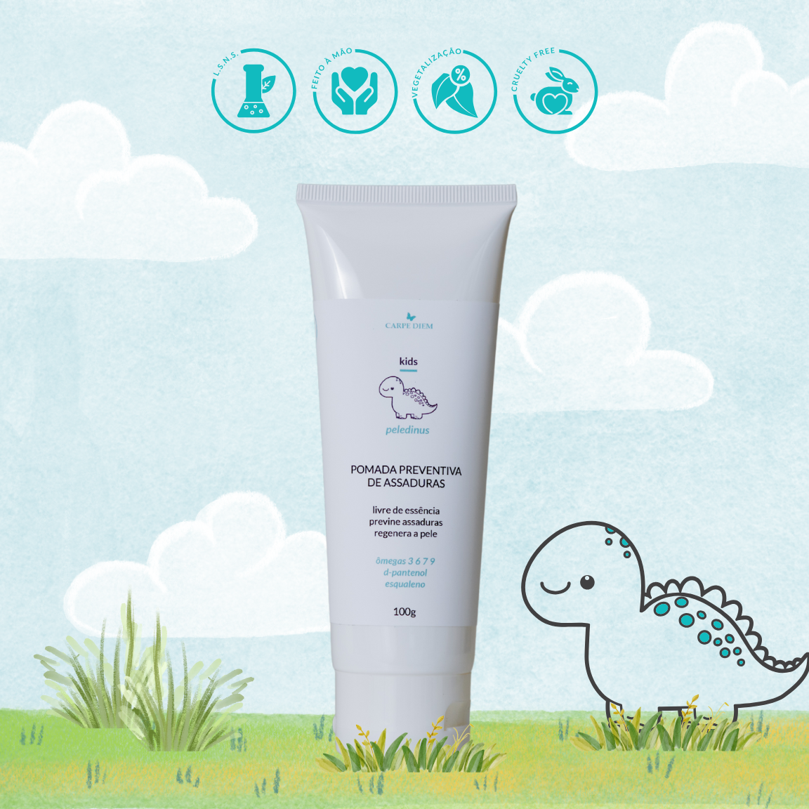 PELEDINUS POMADA PREVENTIVA DE ASSADURAS 100g - Livre de essência - D-Pantenol, Ômegas 3 6 7 9 e Esqualeno - Previne assaduras, hidratação com ação regeneradora