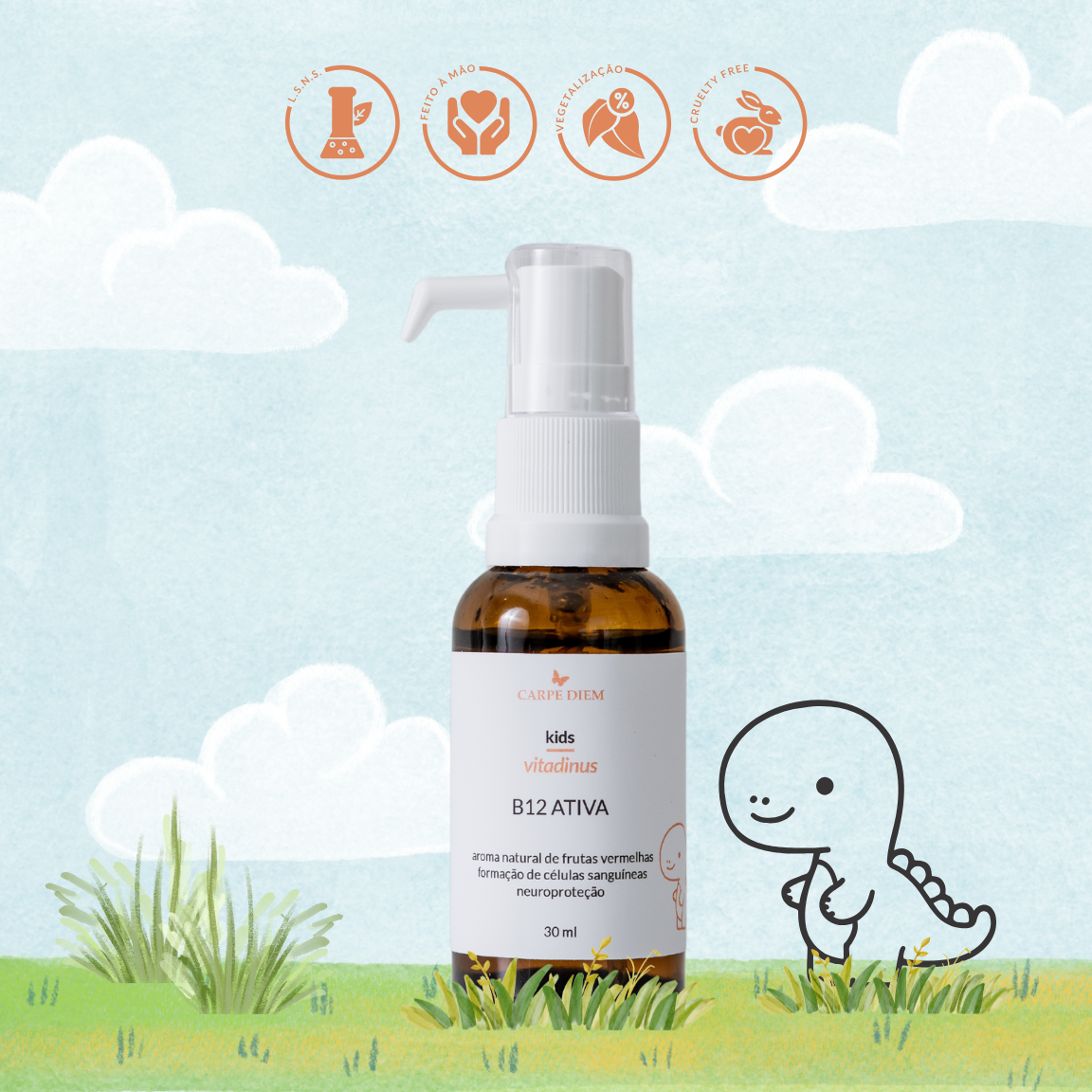 VITADINUS  B12 ATIVA 30ml - Não contém açúcar - Metil B12 - Neuroproteção, proteção do DNA e desenvolvimento saudável.