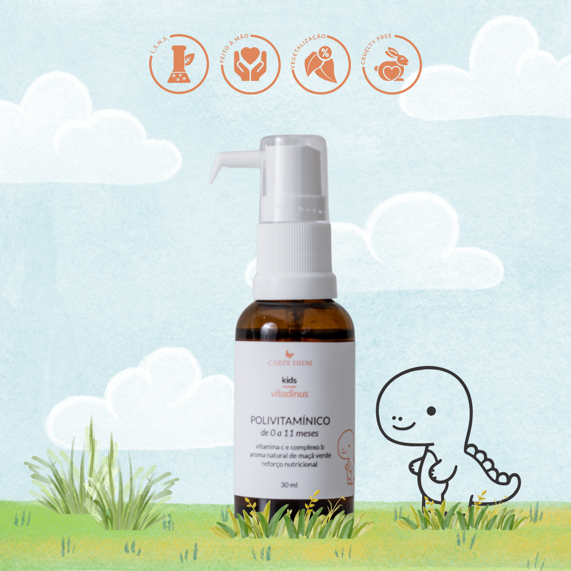 VITADINUS POLIVITAMÍNICO 0-11 meses 30ml - Bebês 0-11 meses - Não contém açúcar - Vitamina C e Complexo B - Suporte para desenvolvimento saudável