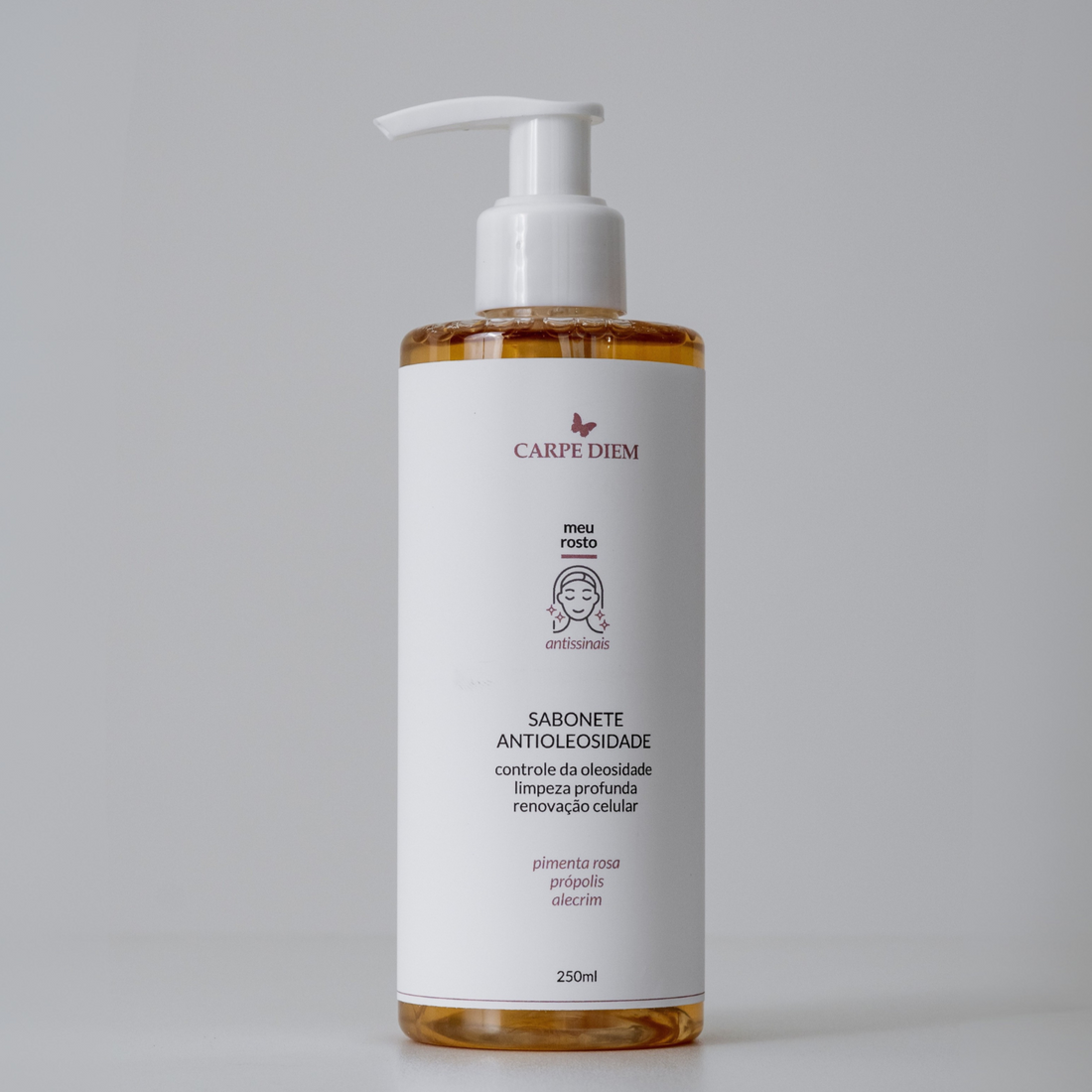 SABONETE ANTIOLEOSIDADE 250ml e 120ml - Pimenta Rosa, Alecrim e Própolis - Limpeza com controle da oleosidade