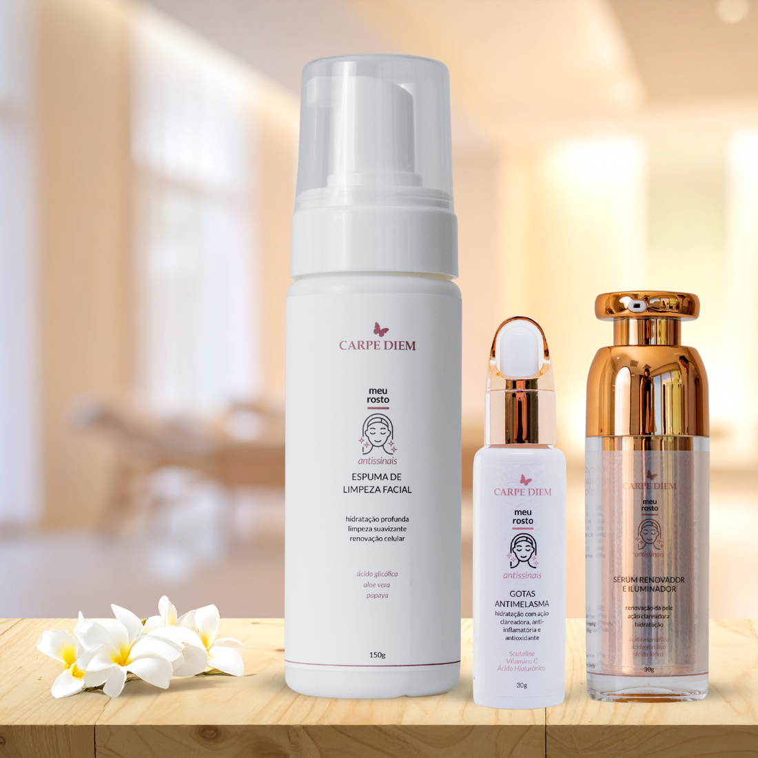 KIT TOQUE DE LUMINOSIDADE - Espuma de Limpeza Facial, Gota Antimelasma e Sérum Renovador Iluminador