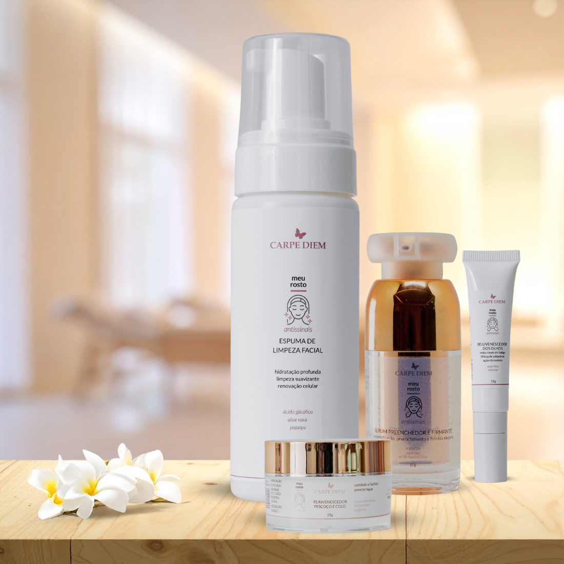 KIT TOQUE DE REJUVENESCIMENTO - Espuma de Limpeza Facial, Rejuvenescedor Pescoço e Colo, Rejuvenescedor dos Olhos e Sérum Preenchedor Firmante