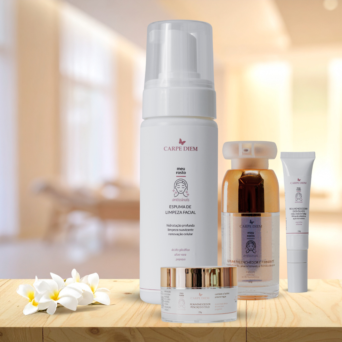 KIT TOQUE DE REJUVENESCIMENTO - Espuma de Limpeza Facial, Rejuvenescedor Pescoço e Colo, Rejuvenescedor dos Olhos e Sérum Preenchedor Firmante