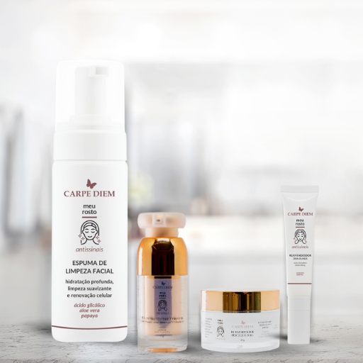 KIT TOQUE DE REJUVENESCIMENTO - Espuma de Limpeza Facial, Rejuvenescedor Pescoço e Colo, Rejuvenescedor dos Olhos e Sérum Preenchedor Firmante