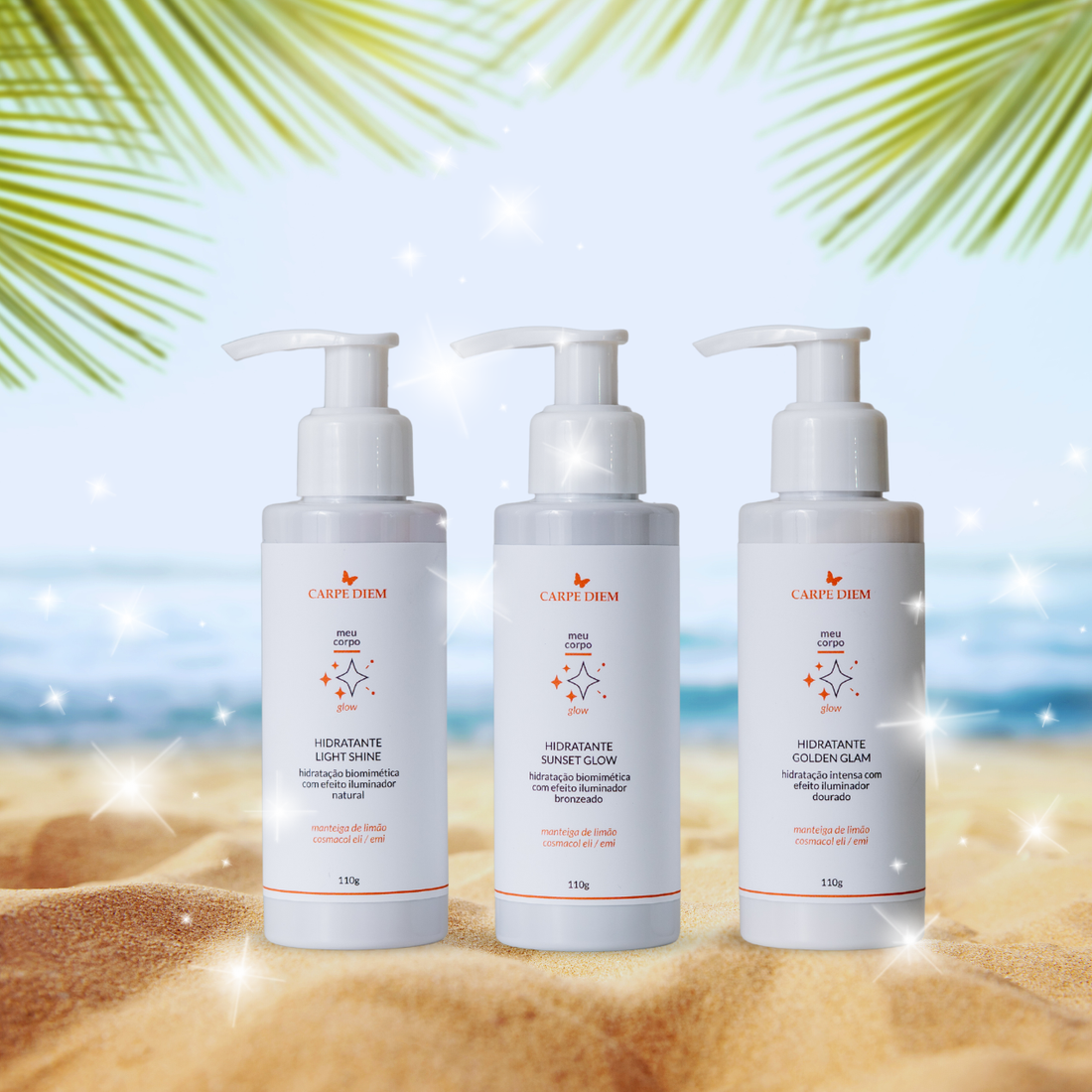 KIT MINI GLOW - Hidratante Golden Glam, Hidratante Sunset Glow e Hidratante Light Shine