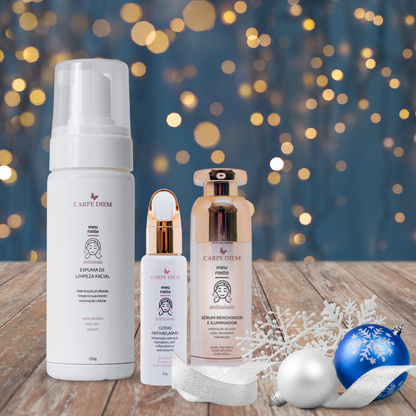 KIT TOQUE DE LUMINOSIDADE - Espuma de Limpeza Facial, Gota Antimelasma e Sérum Renovador Iluminador