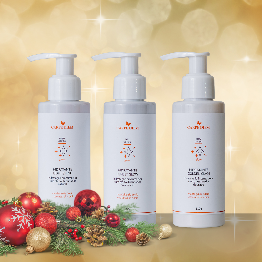 KIT MINI GLOW - Hidratante Golden Glam, Hidratante Sunset Glow e Hidratante Light Shine