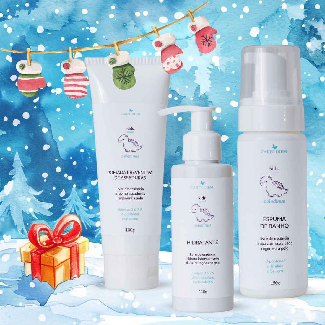 KIT PELEDINUS PURUS - Peledinus Espuma de Banho 150g, Peledinus Hidratante 110g e Peledinus Pomada Preventiva de Assaduras 100g