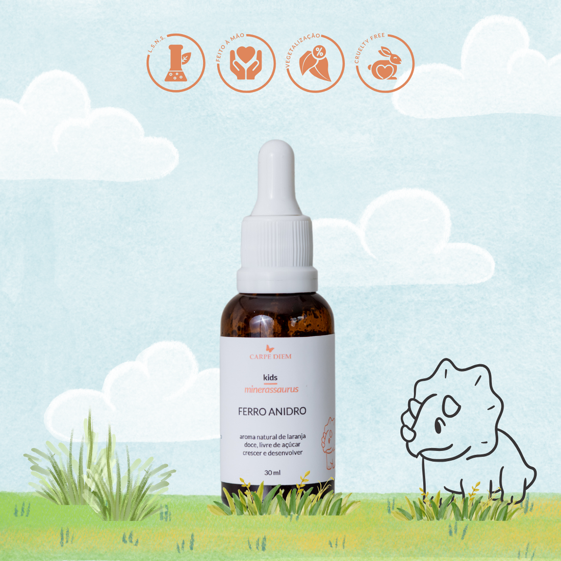 MINERASSAURUS FERRO ANIDRO 30ml - Ferro Albion - Crescimento e desenvolvimento saudáveis