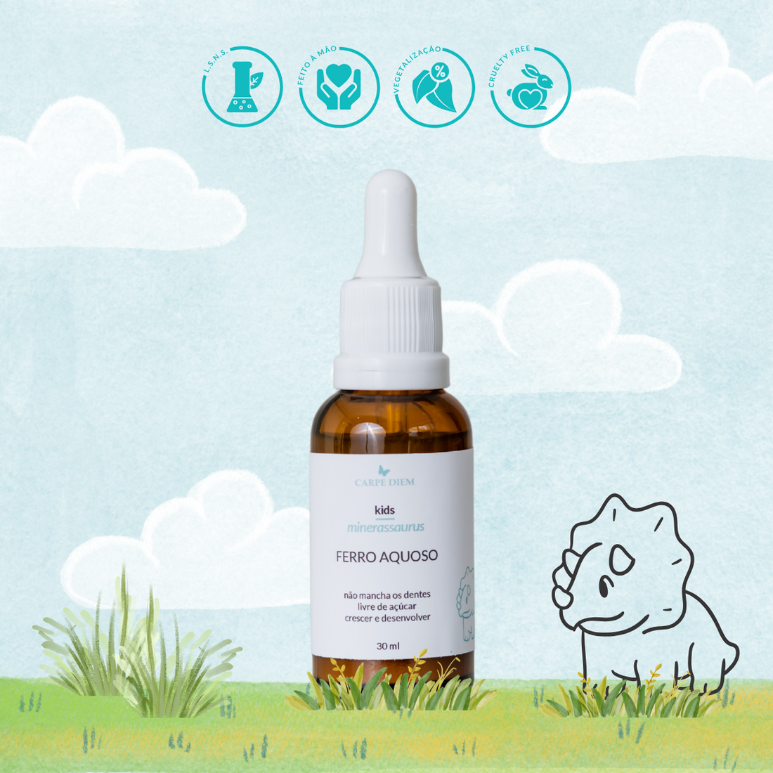 MINERASSAURUS FERRO AQUOSO 30ml - Não mancha os dentes - Pirofosfato Férrico - Crescimento e desenvolvimento saudáveis