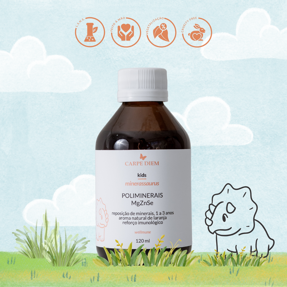 MINERASSAURUS POLIMINERAIS MgZnSe 120ml - Crianças de 1 a 3 anos - Desenvovimento saudável