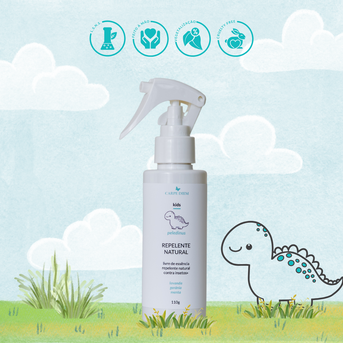 PELEDINUS REPELENTE NATURAL 110g - Óleos essenciais de Menta, Lavanda e Gerânio - Repelência natural contra mosquitos