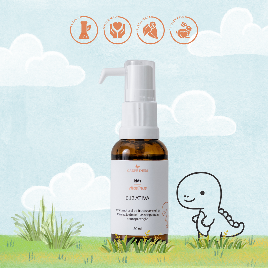 VITADINUS  B12 ATIVA 30ml - Não contém açúcar - Metil B12 - Neuroproteção, proteção do DNA e desenvolvimento saudável.