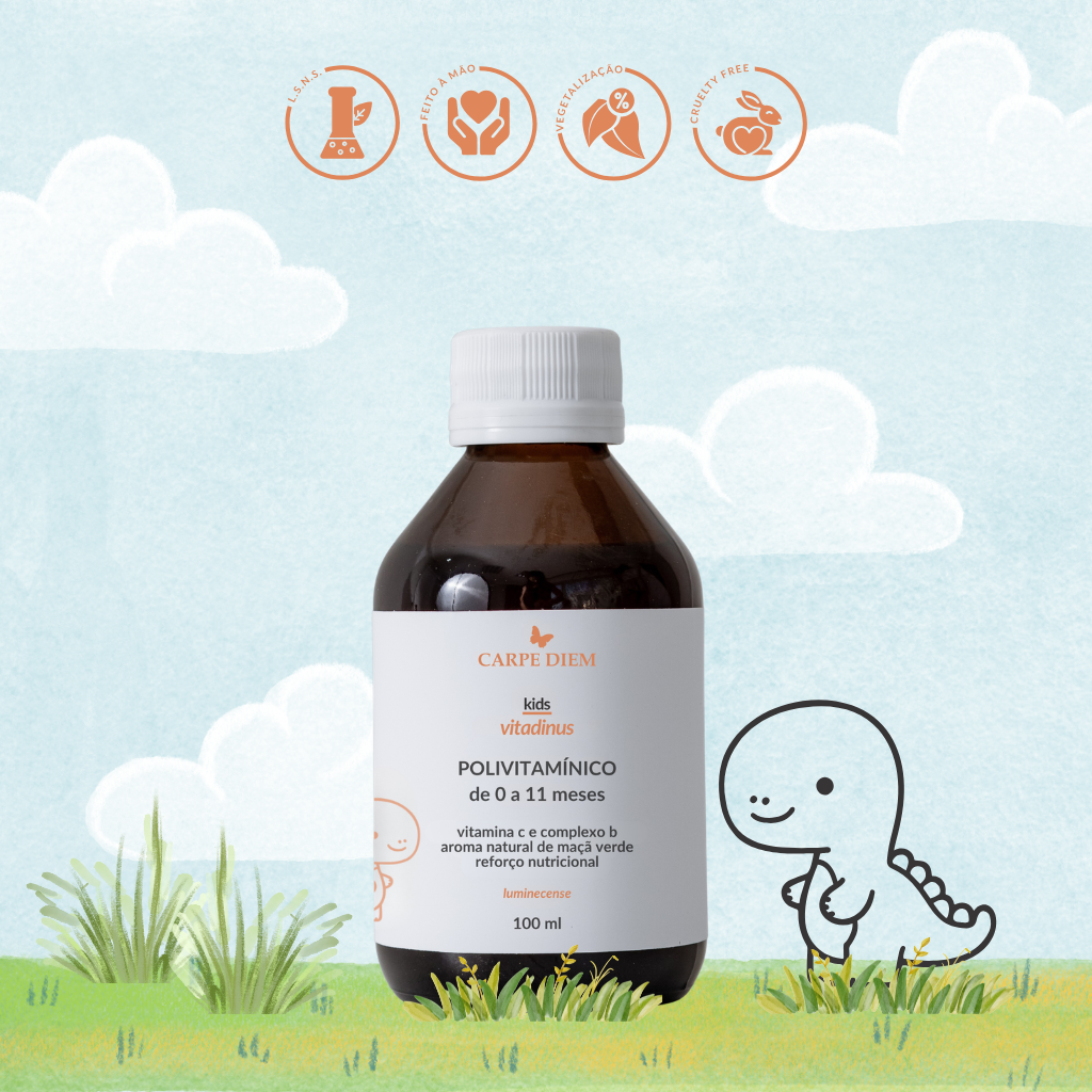 VITADINUS POLIVITAMÍNICO 0-11 meses 100ml - Bebês 0-11 meses - Não contém açúcar - Vitamina C e Complexo B - Suporte para desenvolvimento saudável