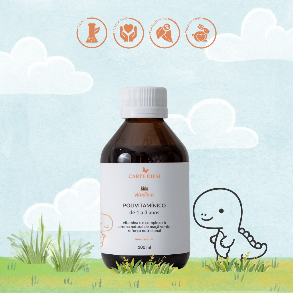 VITADINUS POLIVITAMÍNICO 1-3 anos 100ml - Crianças de 1 a 3 anos - Não contém açúcar - Vitamina C e Complexo B - Suporte para desenvolvimento saudável
