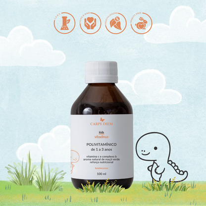 VITADINUS POLIVITAMÍNICO 1-3 anos 100ml - Crianças de 1 a 3 anos - Não contém açúcar - Vitamina C e Complexo B - Suporte para desenvolvimento saudável